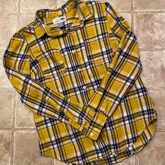 Old Navy Tops - Old Navy | Golden Yellow & Navy Plaid Flannel Shirt | Fall Layering | XS